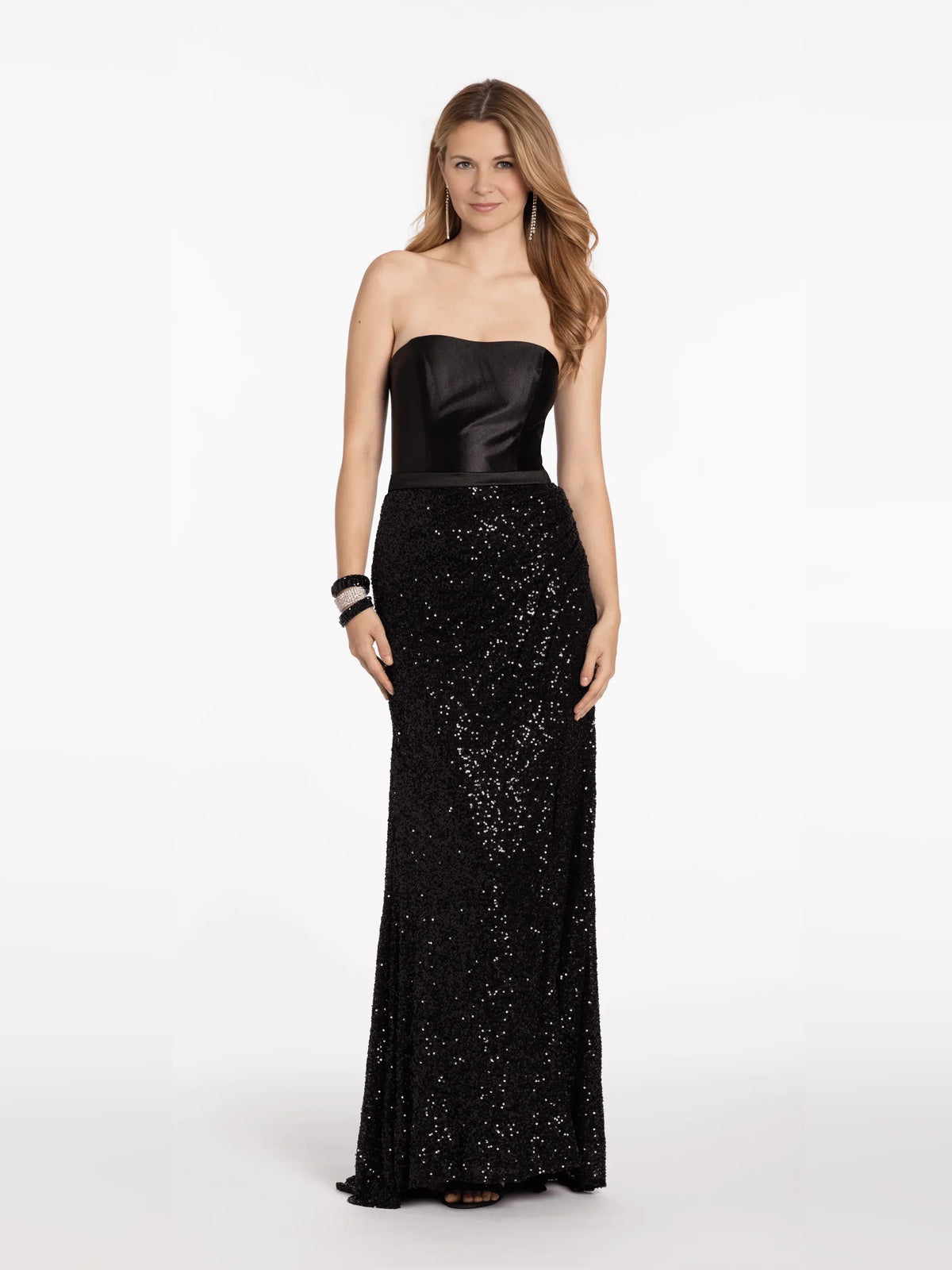 Black mermaid floor-length formal dress with strapless neckline, full-length front view