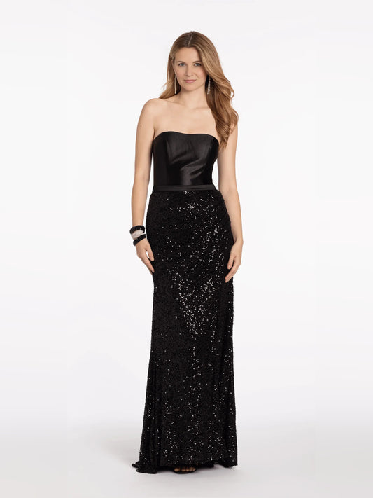 Black mermaid floor-length formal dress with strapless neckline, full-length front view