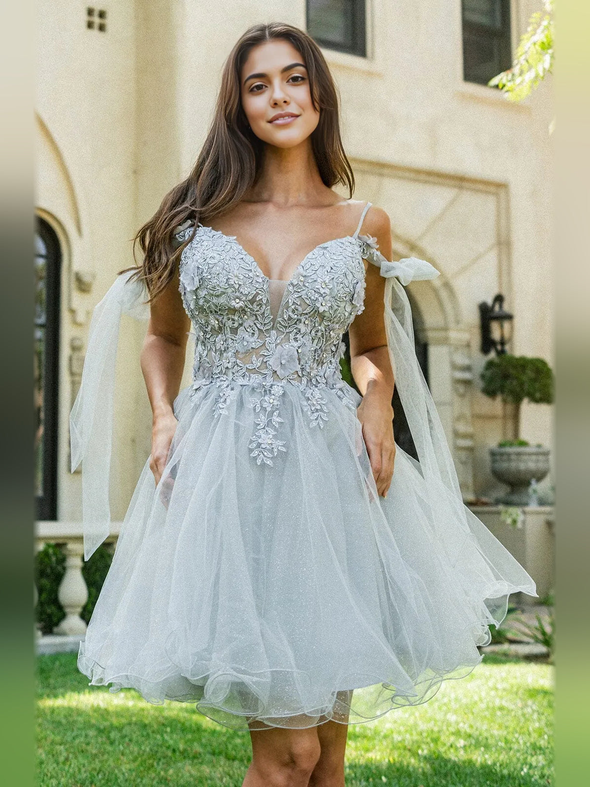 Mist Blue short homecoming dress, alternate view showing the full-length silhouette