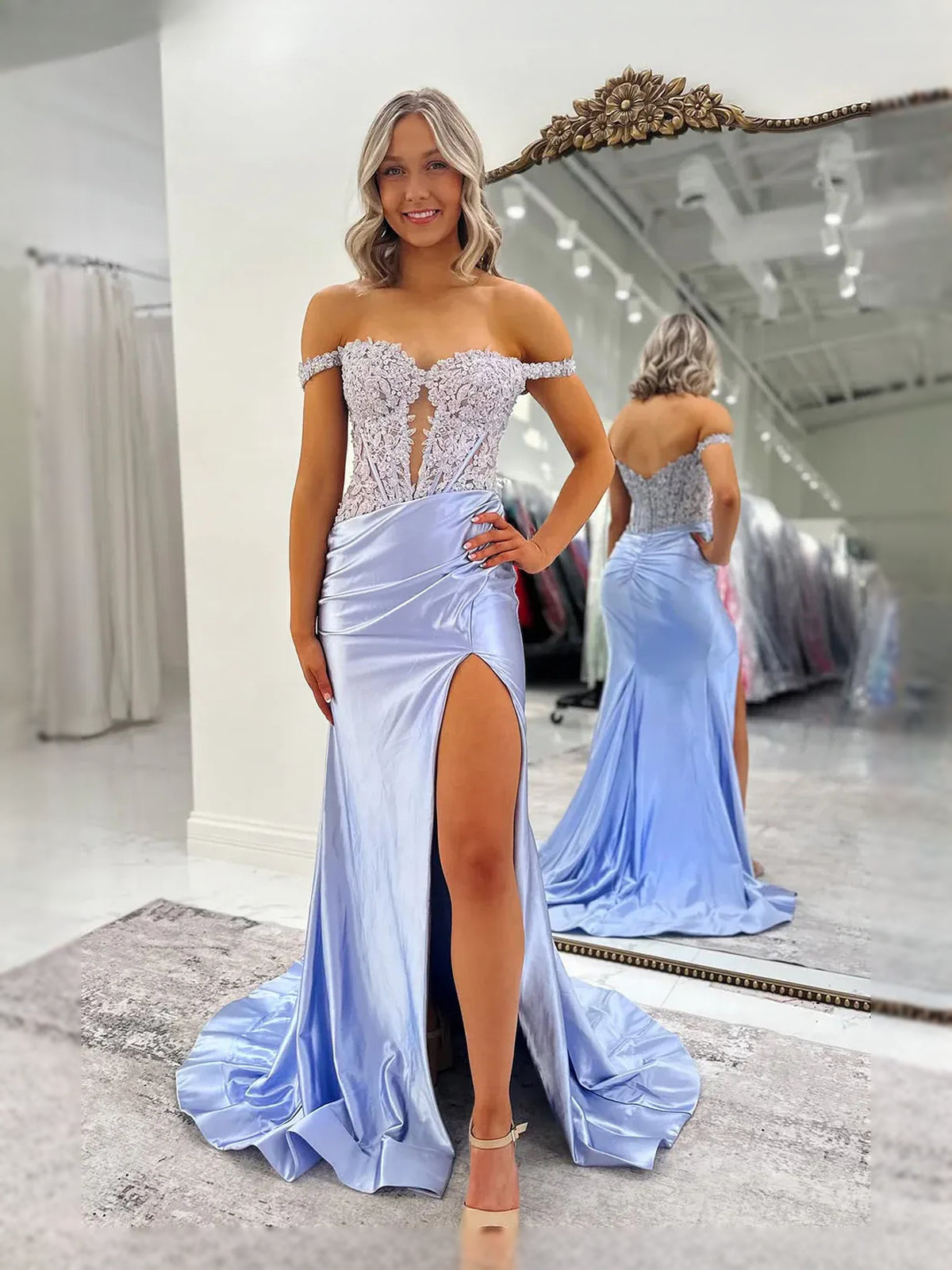 Light Blue floor-length prom dress, front view showing the mermaid silhouette