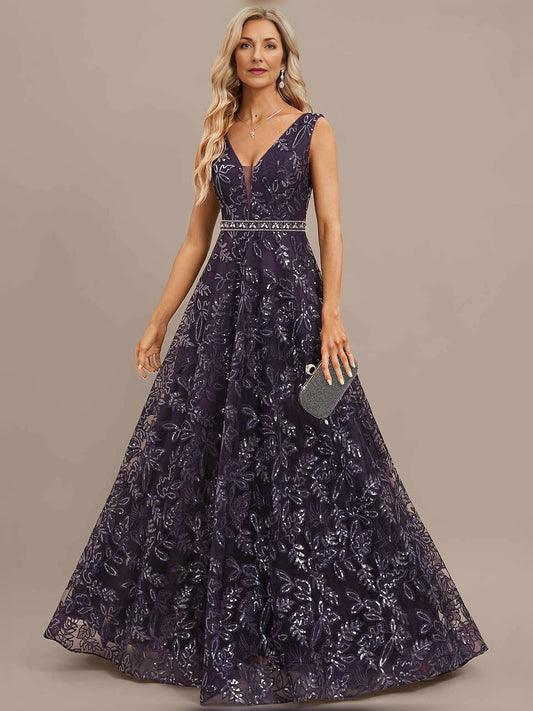 Deep Purple floor-length mother of the bride dress, front view showing the a-line silhouette