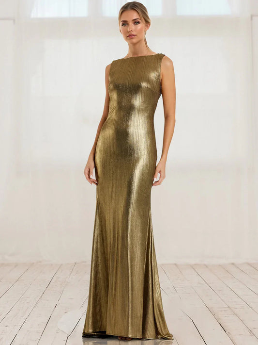 Gold mermaid floor-length formal dress with ruffle details, full-length front view