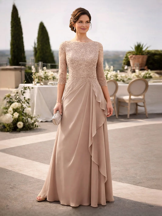 Taupe floor-length mother of the bride dress, front view showing the a-line silhouette