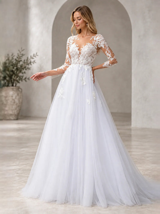 White floor-length wedding dress, front view showing the a-line silhouette