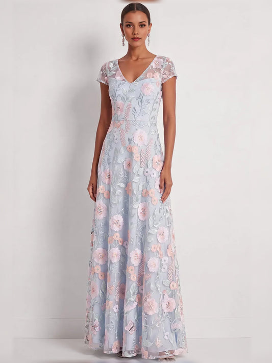 Light Blue a-line maxi formal dress with V-neckline, full-length front view