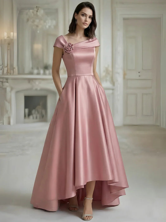 Dusty Rose a-line floor-length formal dress with one-shoulder neckline, full-length front view