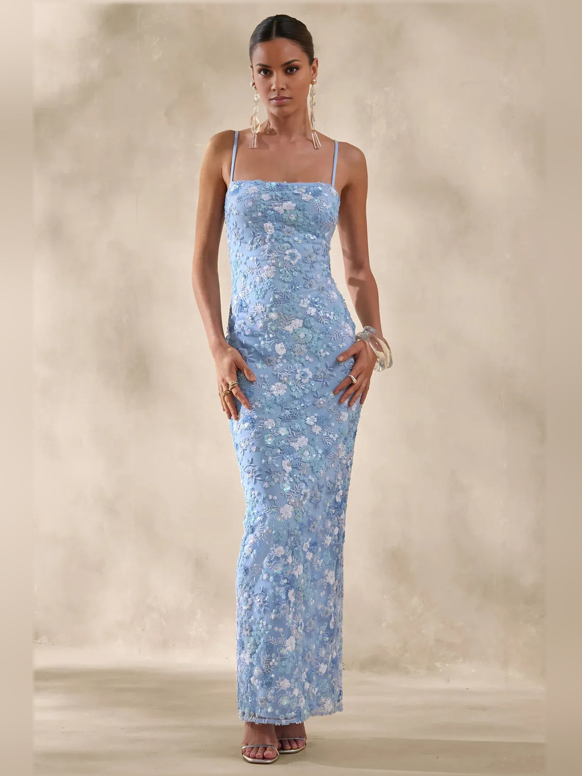 Blue sheath floor-length formal dress with floral print, full-length front view
