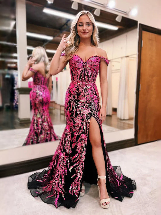 Pink&Black maxi prom dress, front view showing the mermaid silhouette