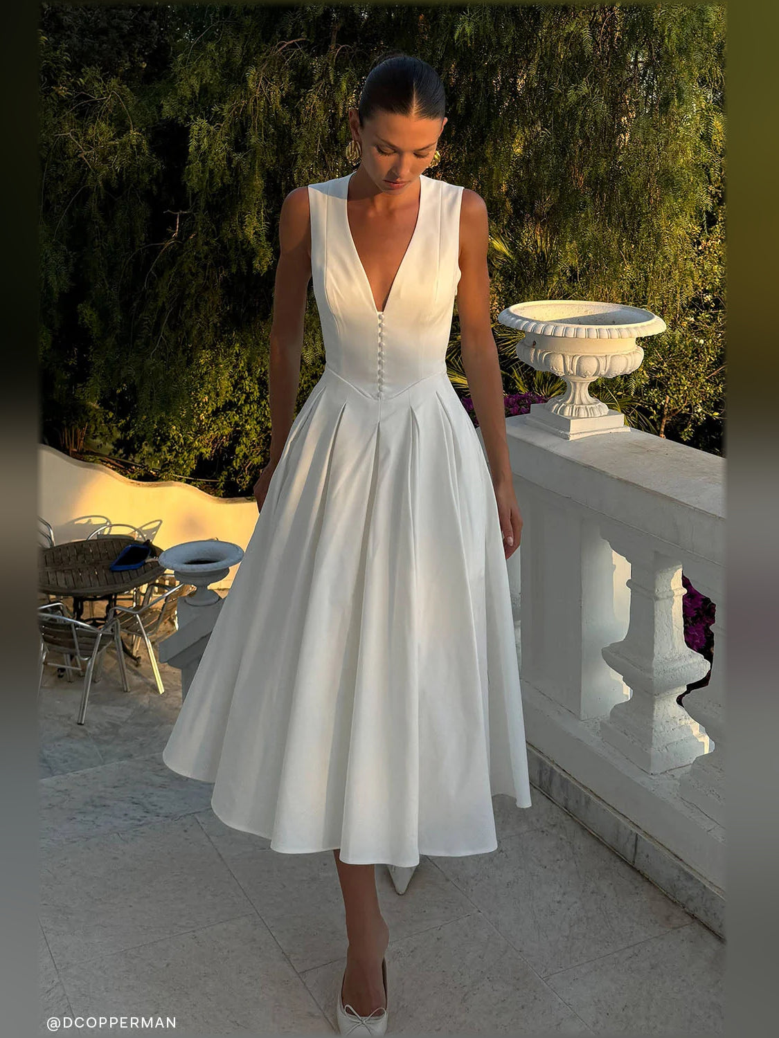 White midi formal dress, full-length front view