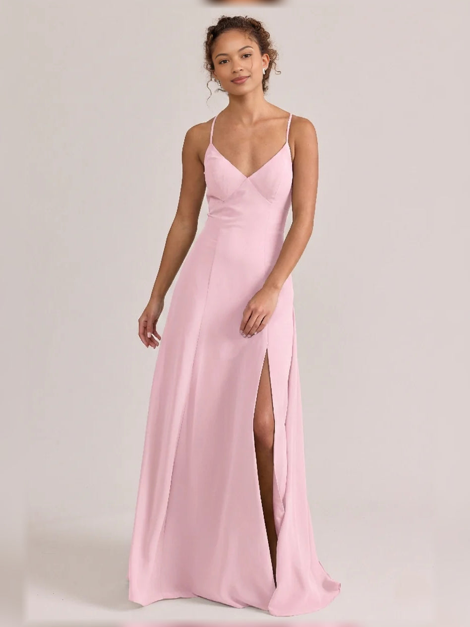 Pink maxi bridesmaid dress, front view showing the a-line silhouette