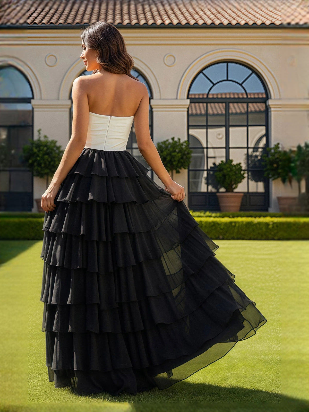 Black maxi prom dress, front view showing the a-line silhouette