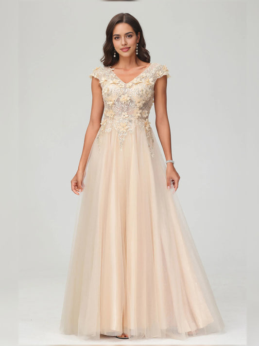 Champagne a-line floor-length formal dress with V-neckline, full-length front view