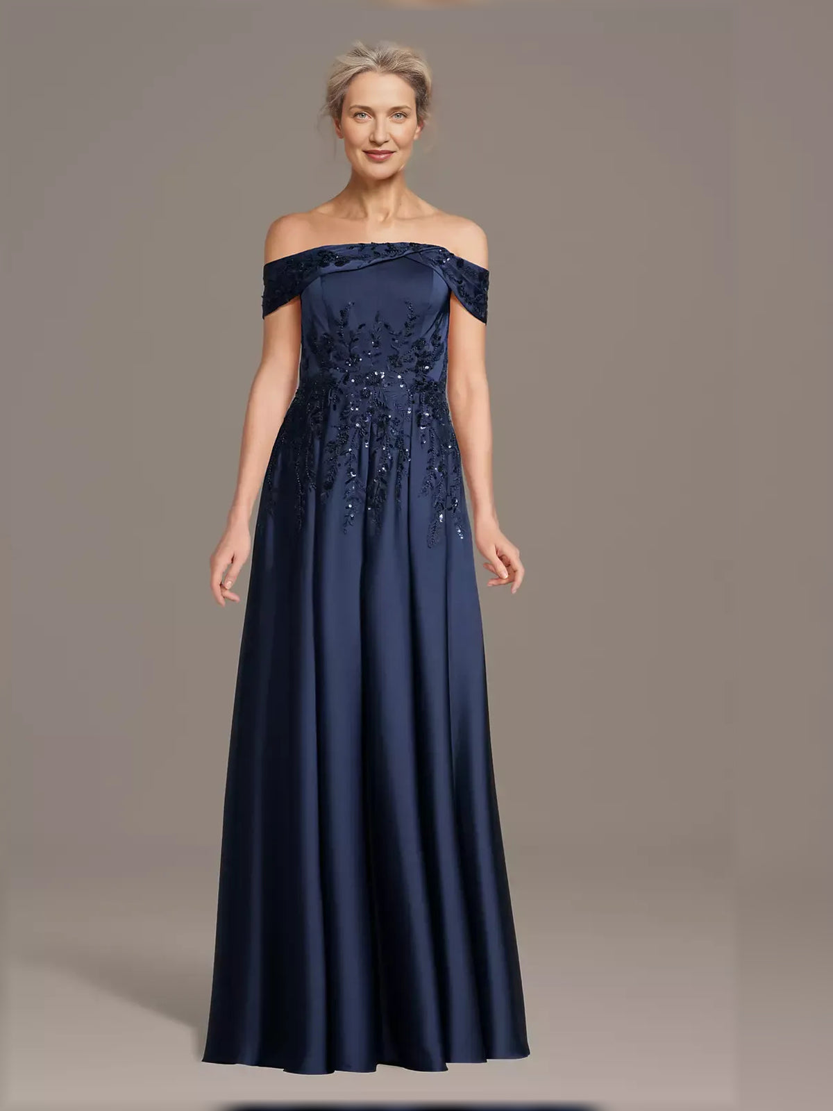 Dark Navy maxi mother of the bride dress, front view showing the a-line silhouette