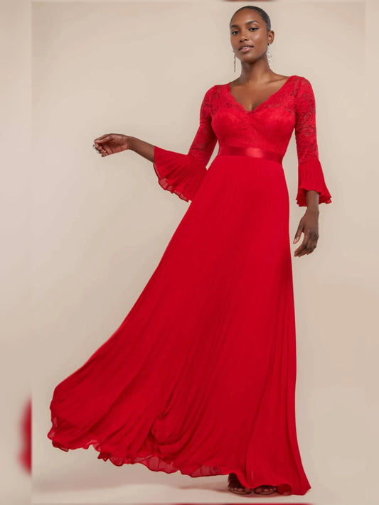 Red maxi mother of the bride dress, front view showing the a-line silhouette