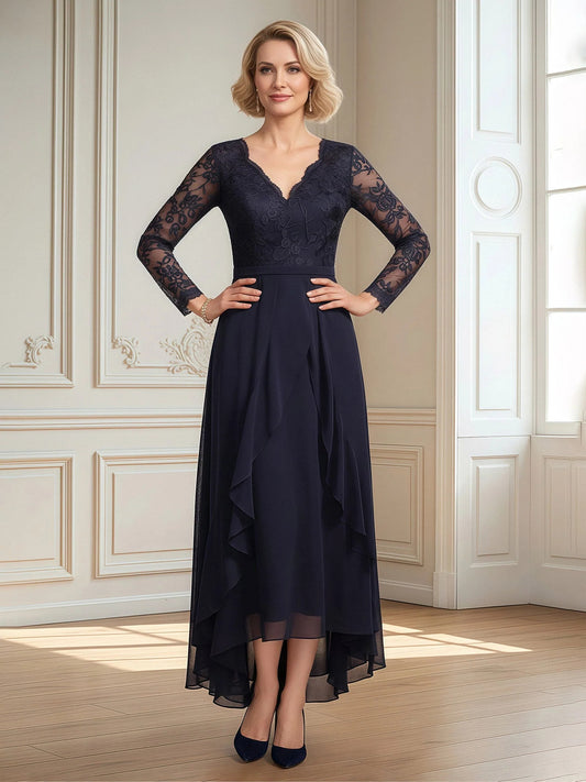 Dark Navy high-low mother of the bride dress, front view showing the a-line silhouette