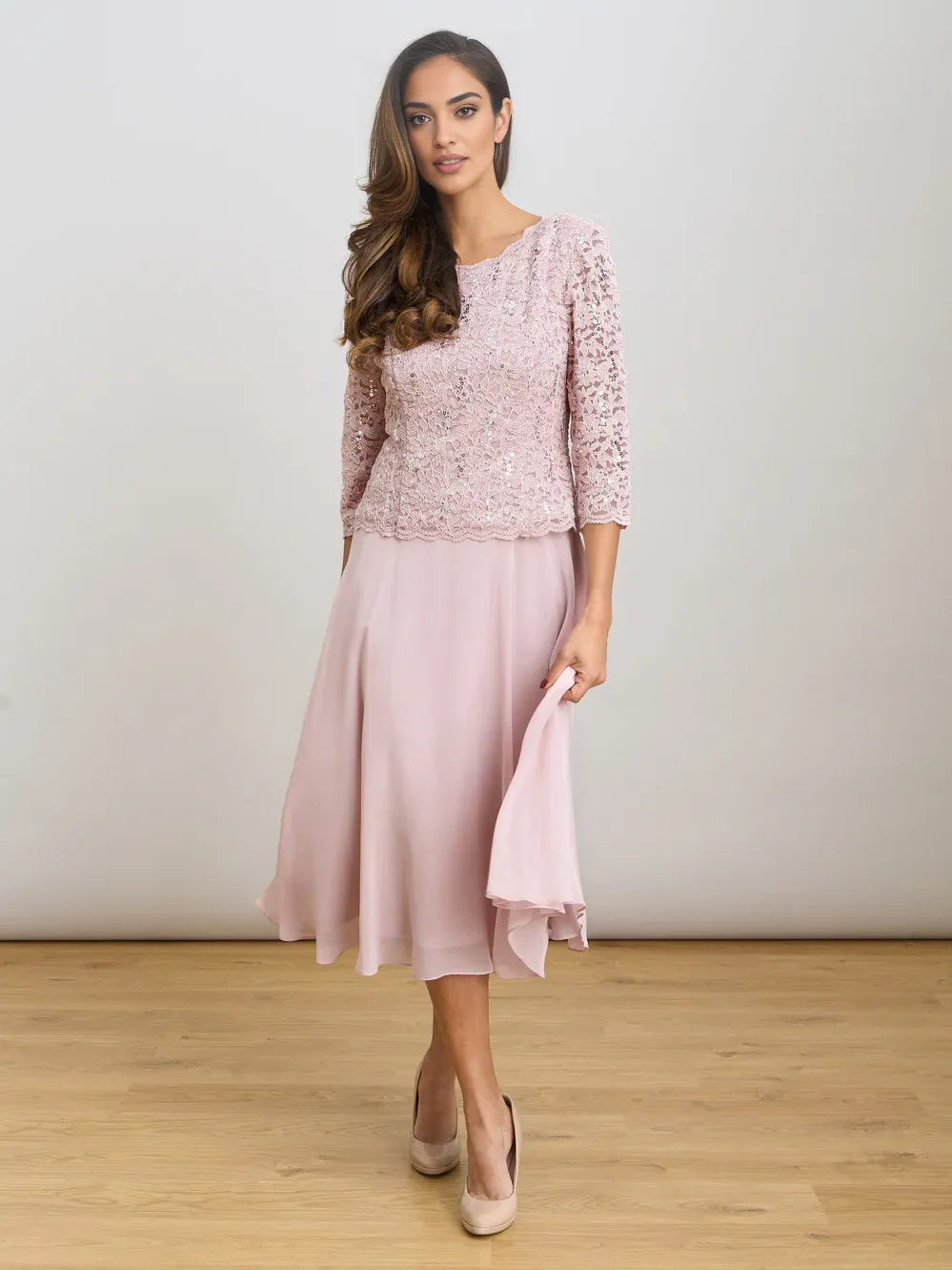 Dusty Pink midi mother of the bride dress, front view showing the a-line silhouette