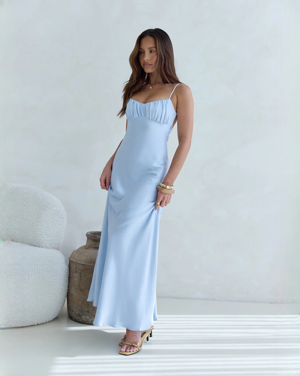 sleeveless satin a-line maxi bridesmaid dress - image 1