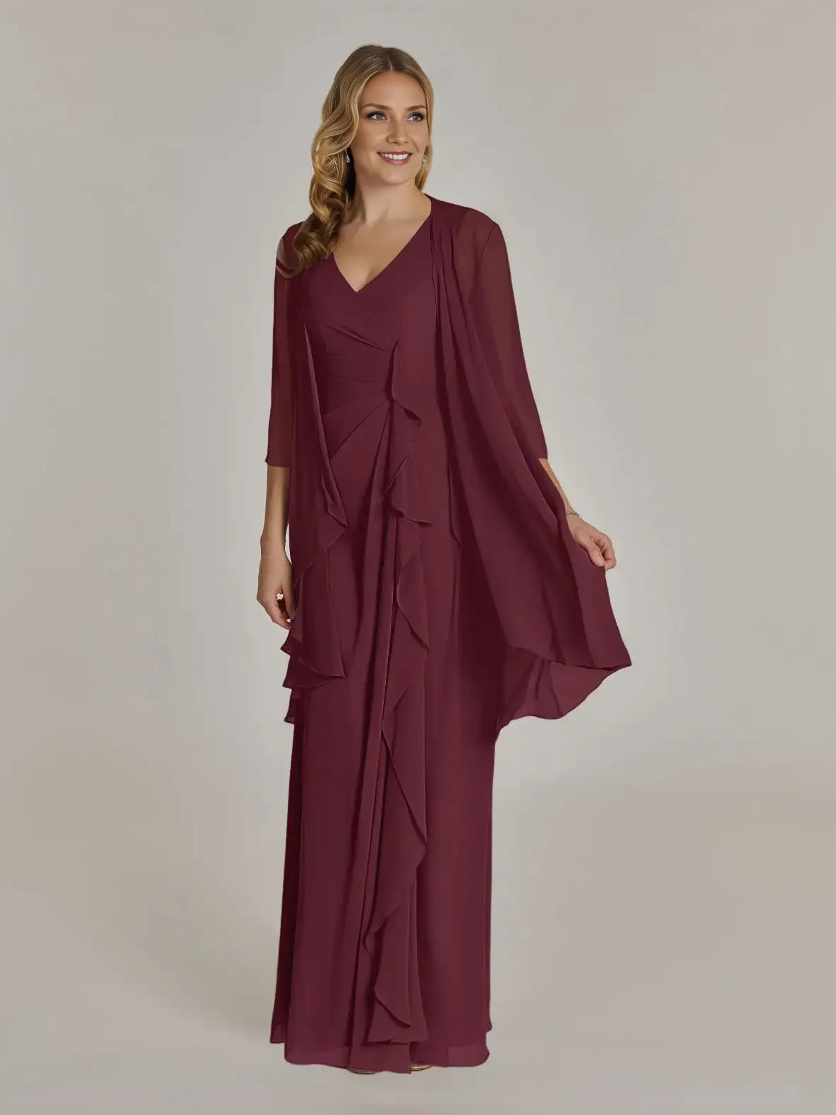 Cabernet maxi mother of the bride dress, front view showing the sheath silhouette
