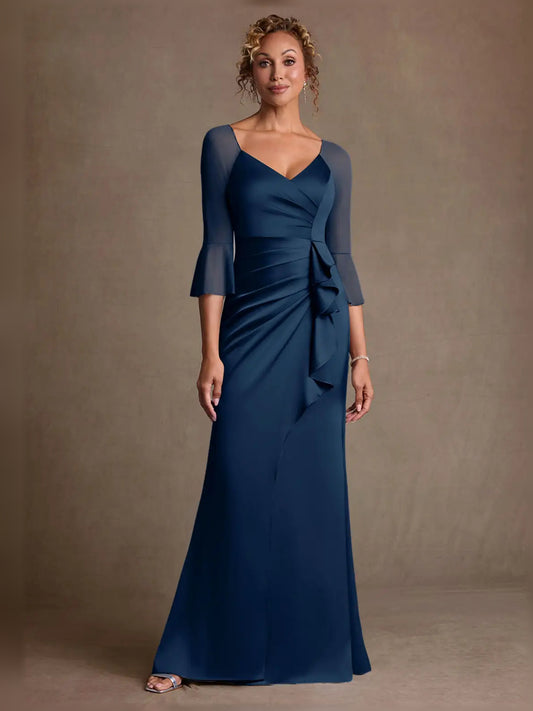Dark Navy floor-length mother of the bride dress, front view showing the sheath silhouette