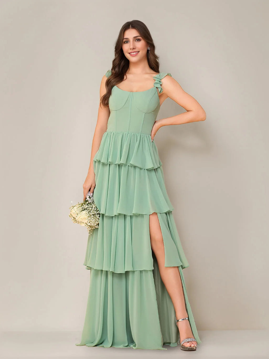 Mint Green maxi bridesmaid dress, front view showing the a-line silhouette