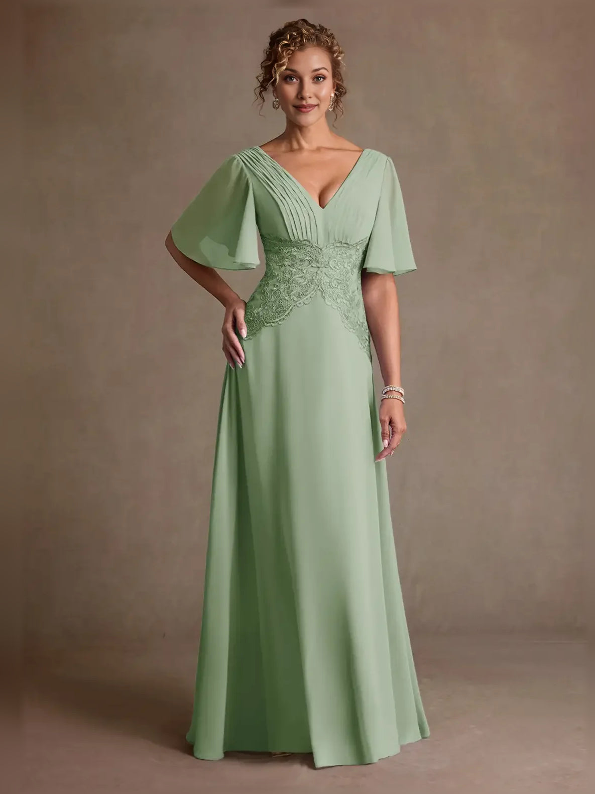 Dusty Sage floor-length mother of the bride dress, front view showing the a-line silhouette