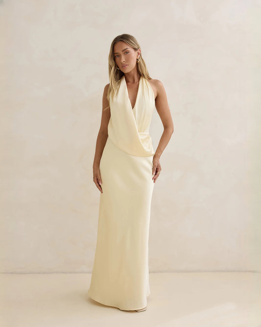 halter neck satin a-line maxi bridesmaid dress - image 1