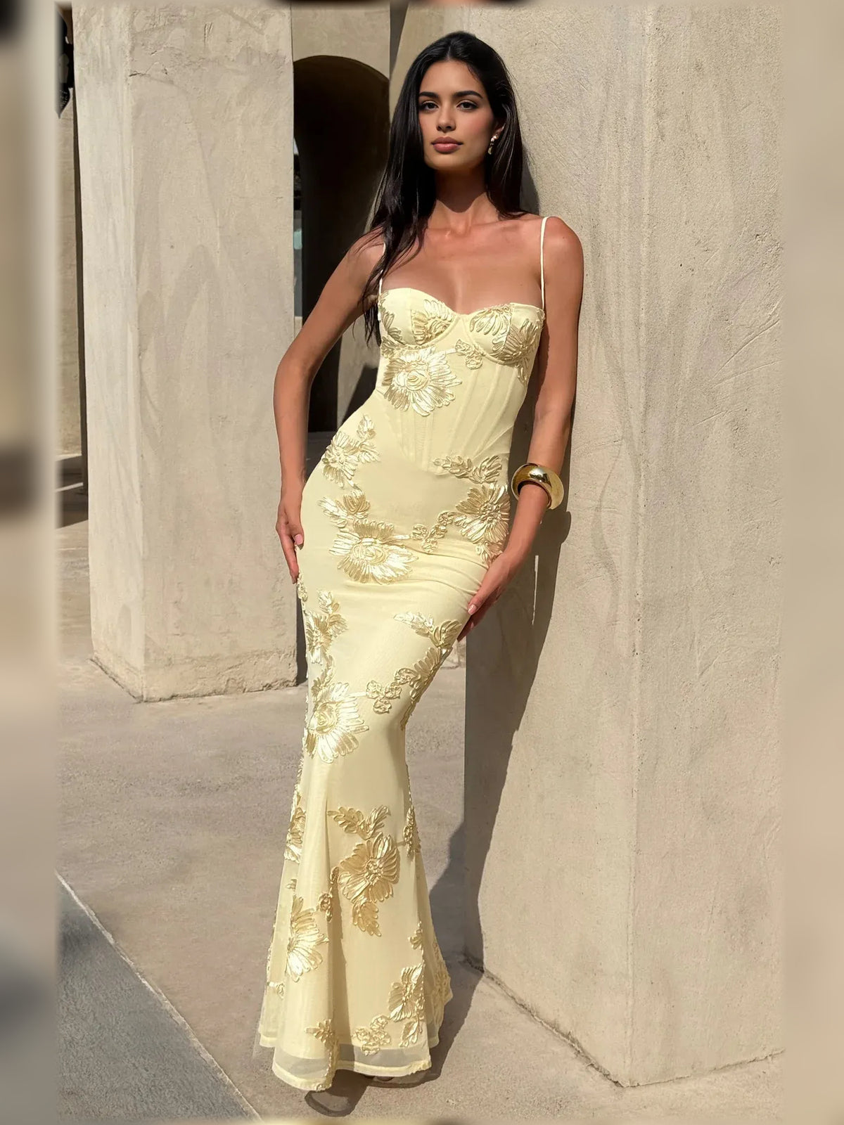 Pale Lemon mermaid floor-length formal dress with sweetheart neckline, full-length front view