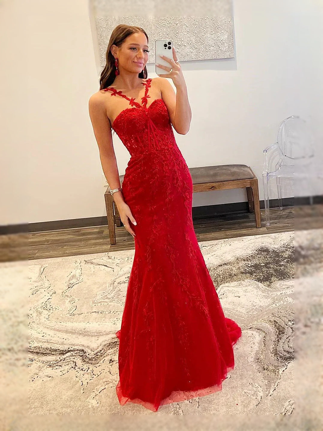 Red floor-length prom dress, front view showing the mermaid silhouette