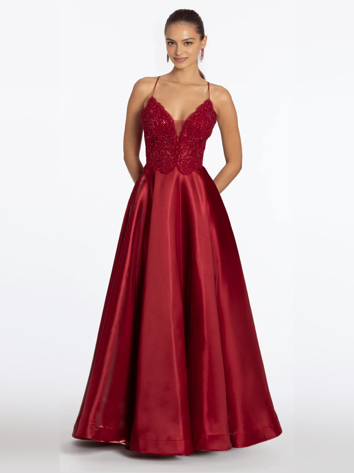 Wine floor-length prom dress, front view showing the a-line silhouette
