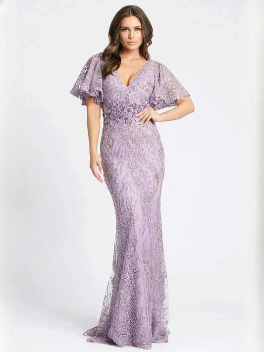 Lilac mermaid floor-length formal dress with V-neckline, full-length front view