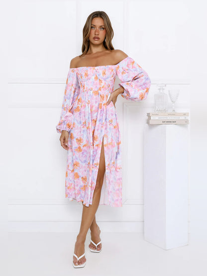 Multi midi formal dress with floral print, full-length front view