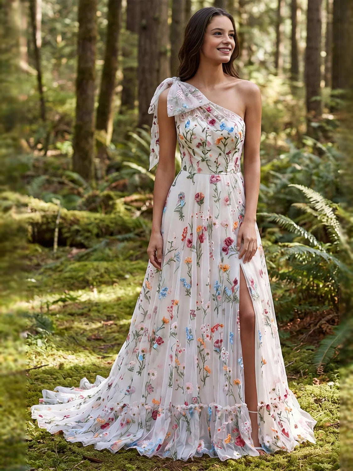 Ivory floor-length bridesmaid dress, front view showing the a-line silhouette