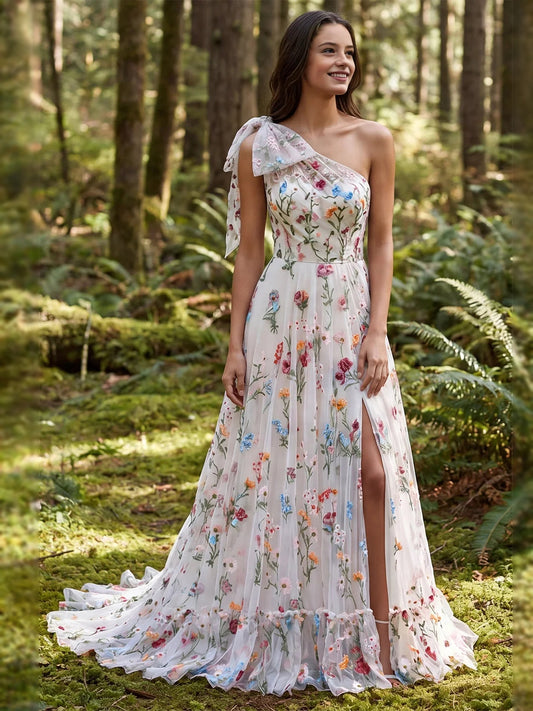 Ivory floor-length bridesmaid dress, front view showing the a-line silhouette