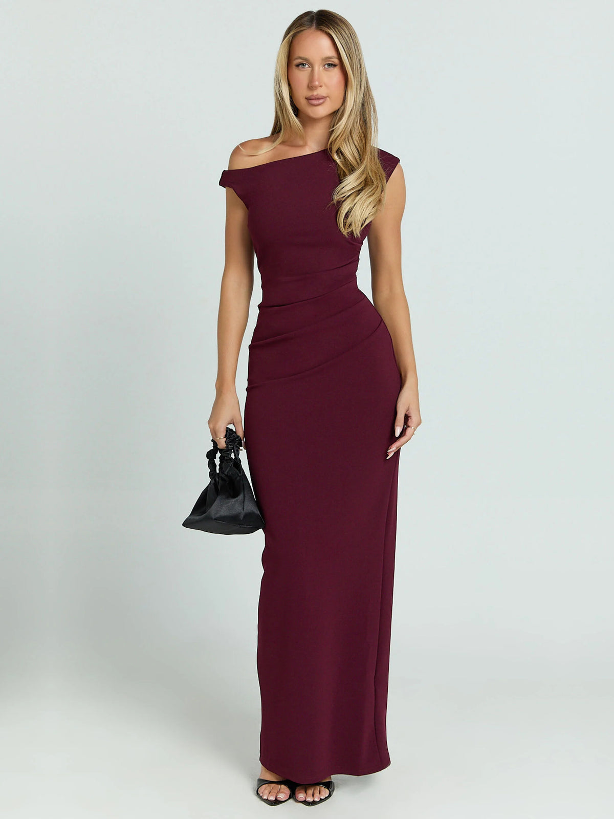 Wine sheath maxi formal dress with off-the-shoulder neckline, full-length front view