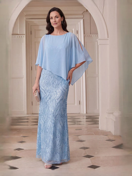 Steel Blue maxi mother of the bride dress, front view showing the mermaid silhouette