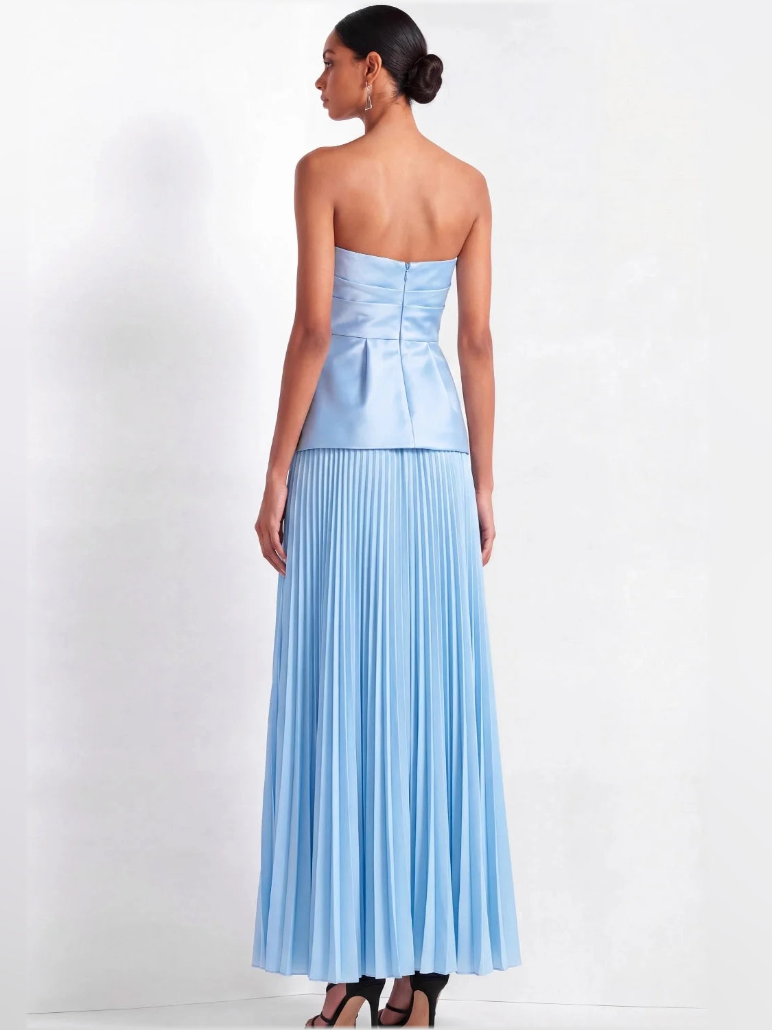 Blue maxi bridesmaid dress, front view showing the column silhouette