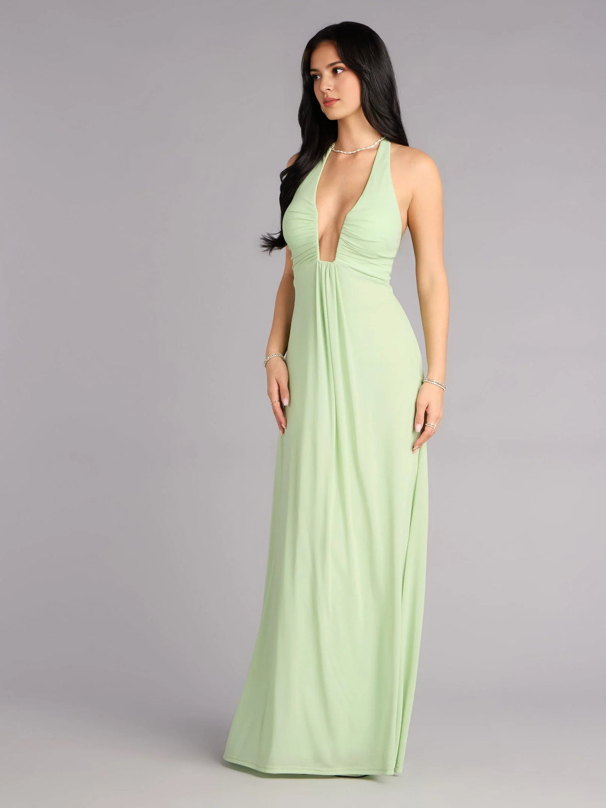 Sage Green floor-length prom dress, front view showing the a-line silhouette