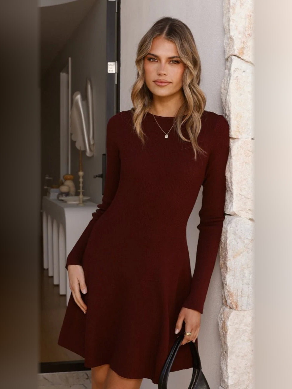 Burgundy mini homecoming dress, front view showing the silhouette