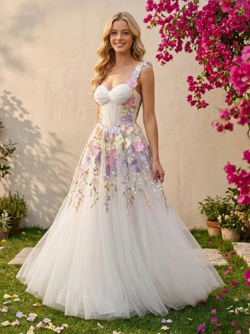 Ivory white floor-length wedding dress, front view showing the a-line silhouette