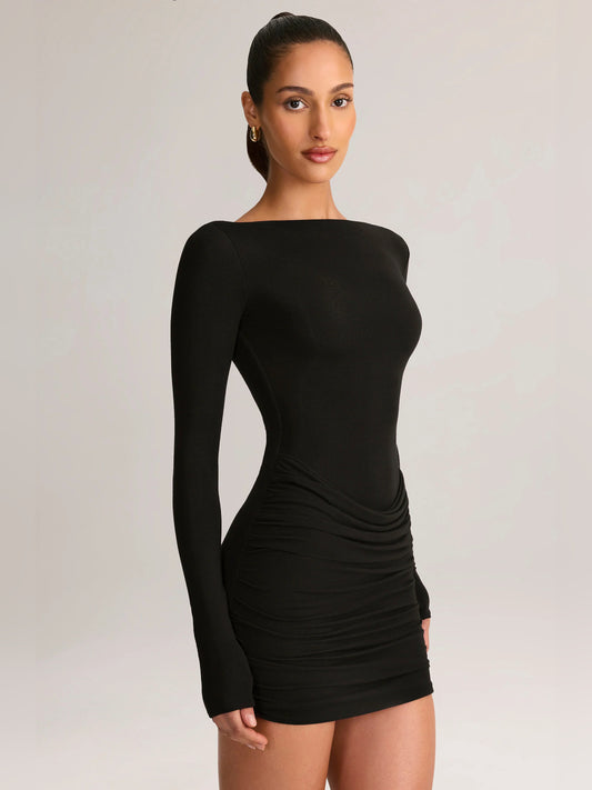 Black mini homecoming dress, front view showing the silhouette