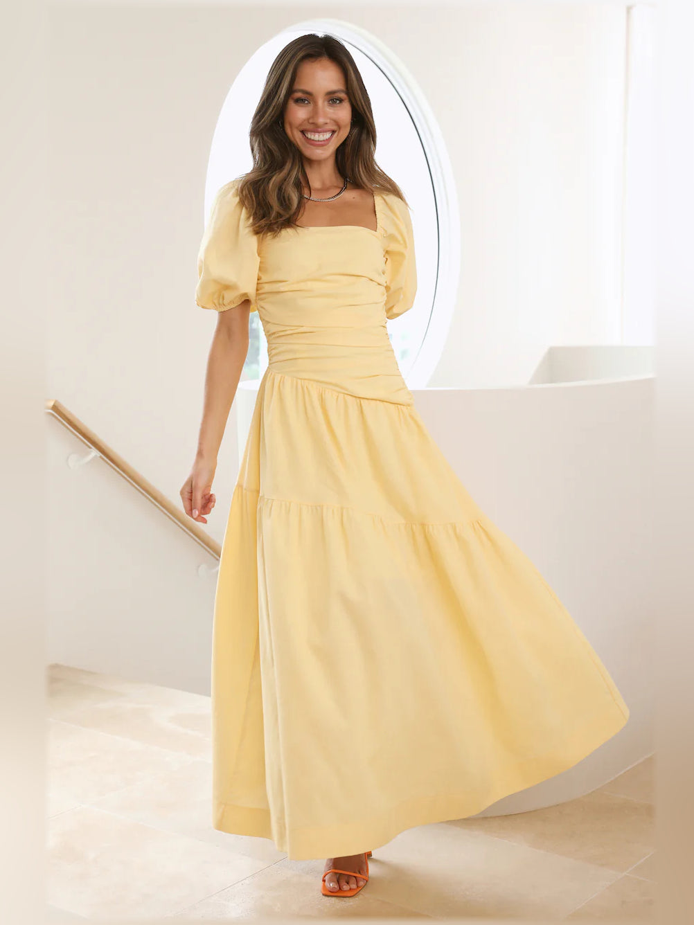 Yellow midi formal dress, full-length front view