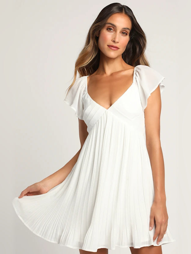 White mini homecoming dress, front view showing the silhouette