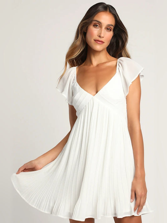 White mini homecoming dress, front view showing the silhouette
