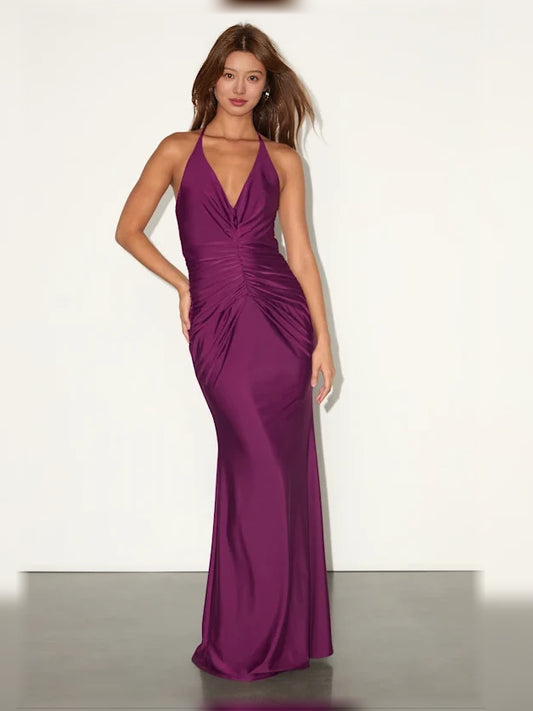 Plum mermaid floor-length formal dress with halter neckline, full-length front view