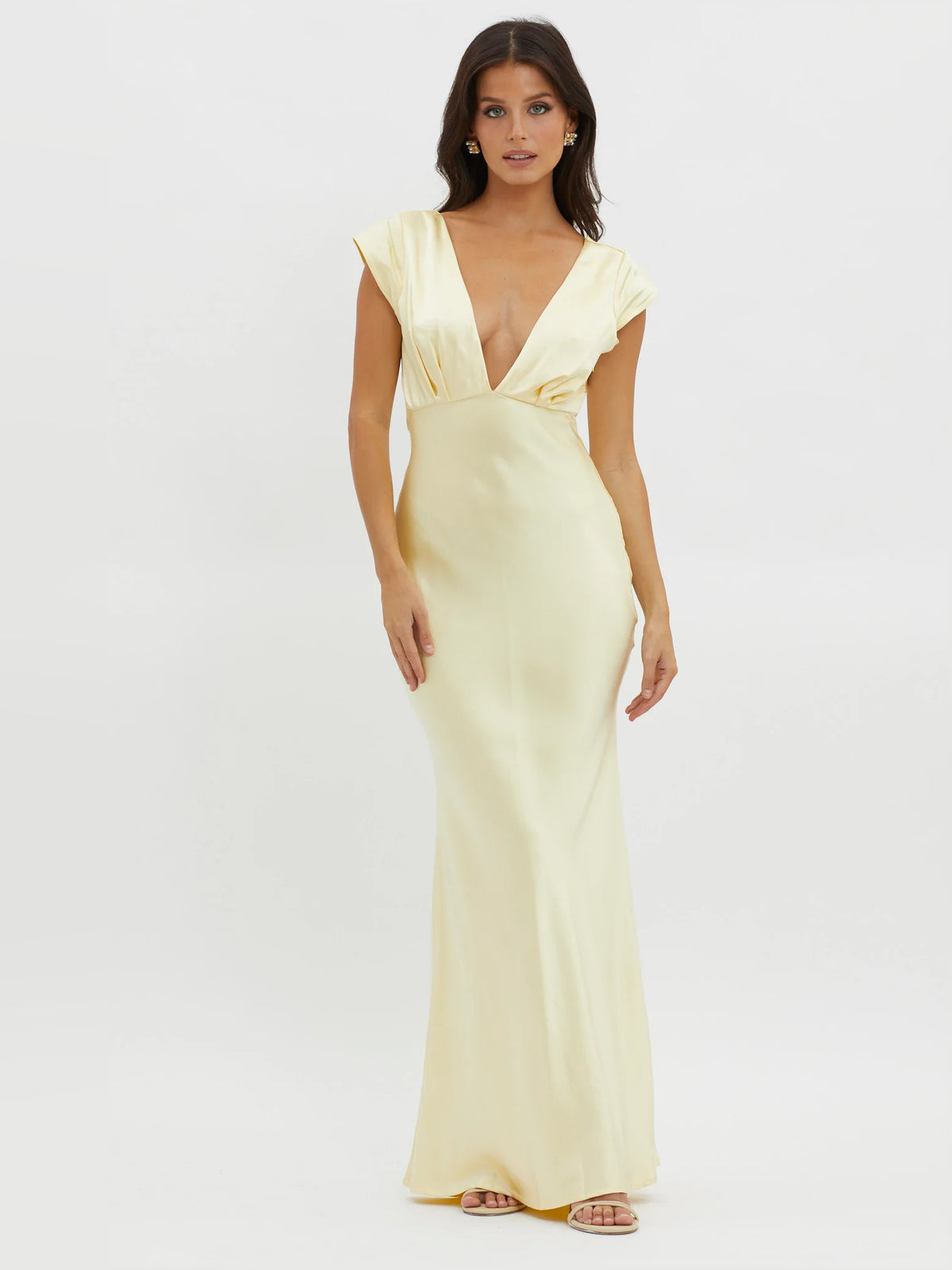 Yellow midi formal dress with V-neckline, full-length front view