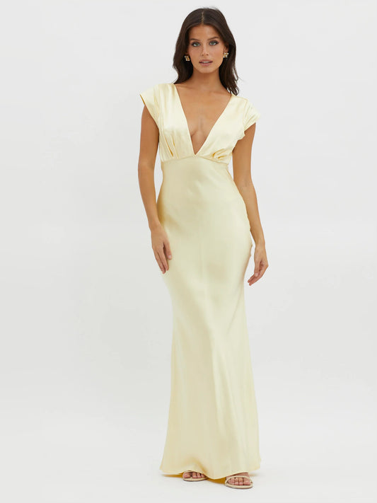 Yellow midi formal dress with V-neckline, full-length front view