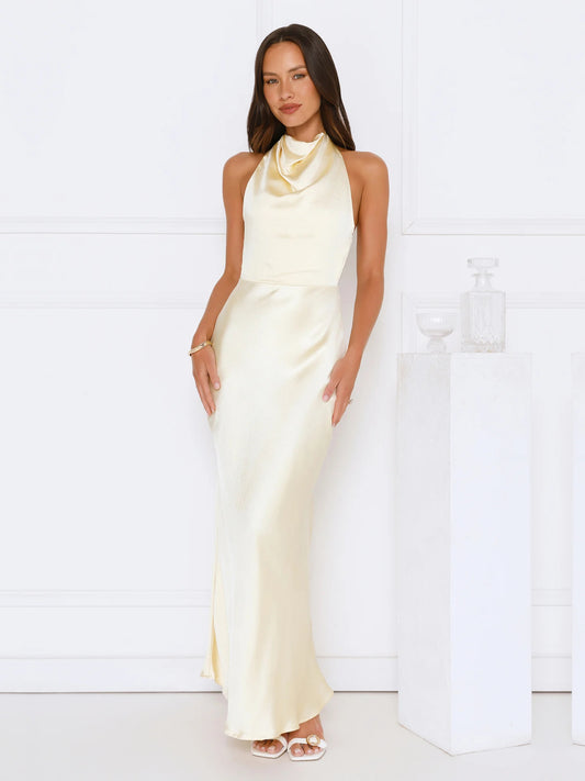 Yellow sheath maxi formal dress with halter neckline, full-length front view