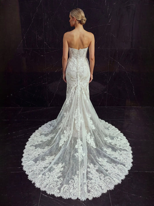 Ivory floor-length wedding dress, front view showing the mermaid silhouette