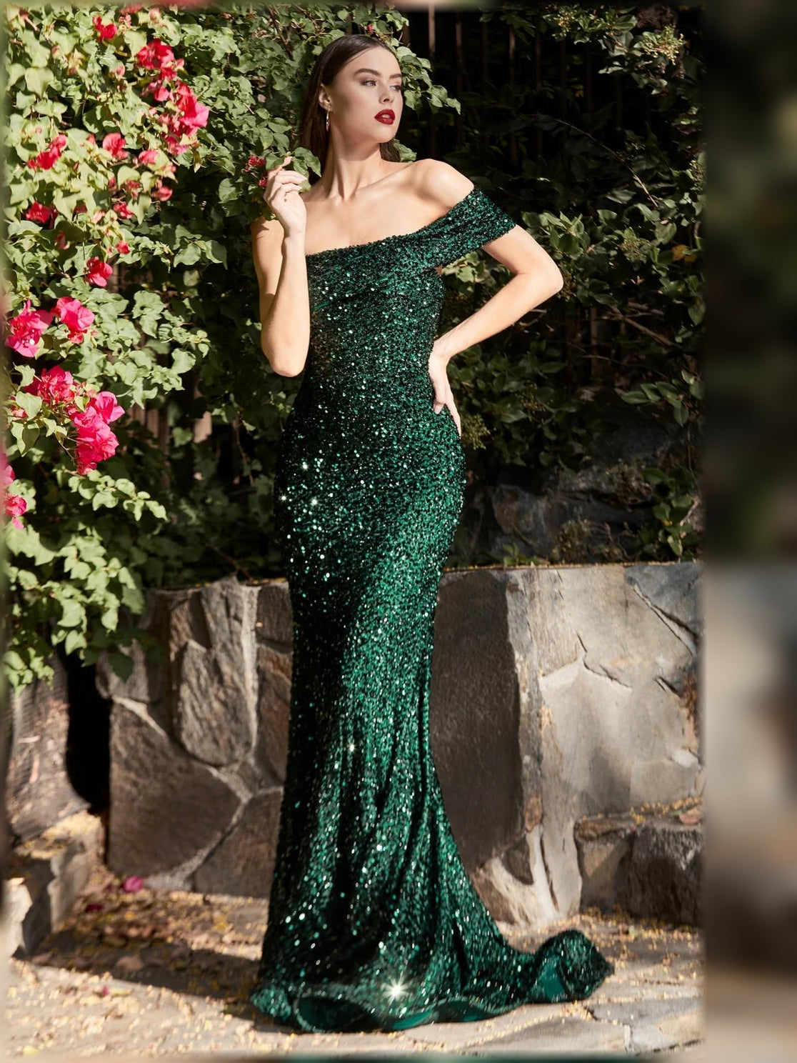 Dark Green mermaid floor-length formal dress with one-shoulder neckline, full-length front view