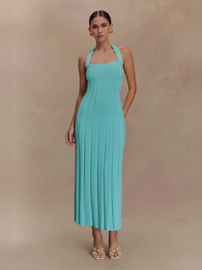 Blue midi formal dress with halter neckline, full-length front view